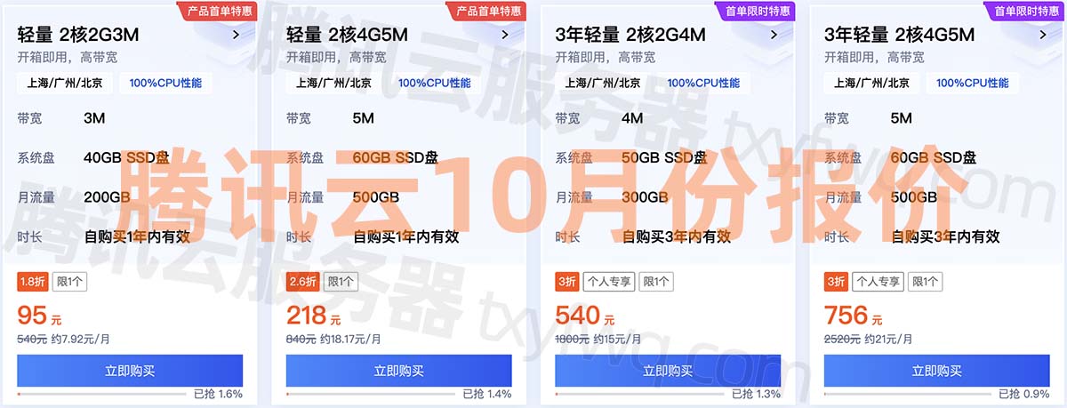腾讯云服务器10月优惠价格表